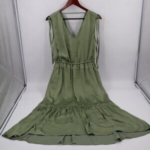 Tahari Midi Dress Womens Medium Sage Green Tiered Ruffle V-Neck Silky Sleeveless